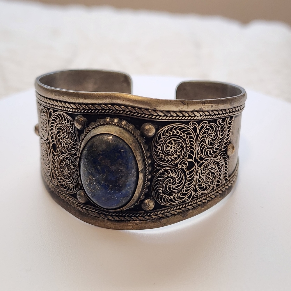 Vintage Lapis Lazuli Stone Old Brass  Decorative Cuff Bracelet - Picture 13 of 14